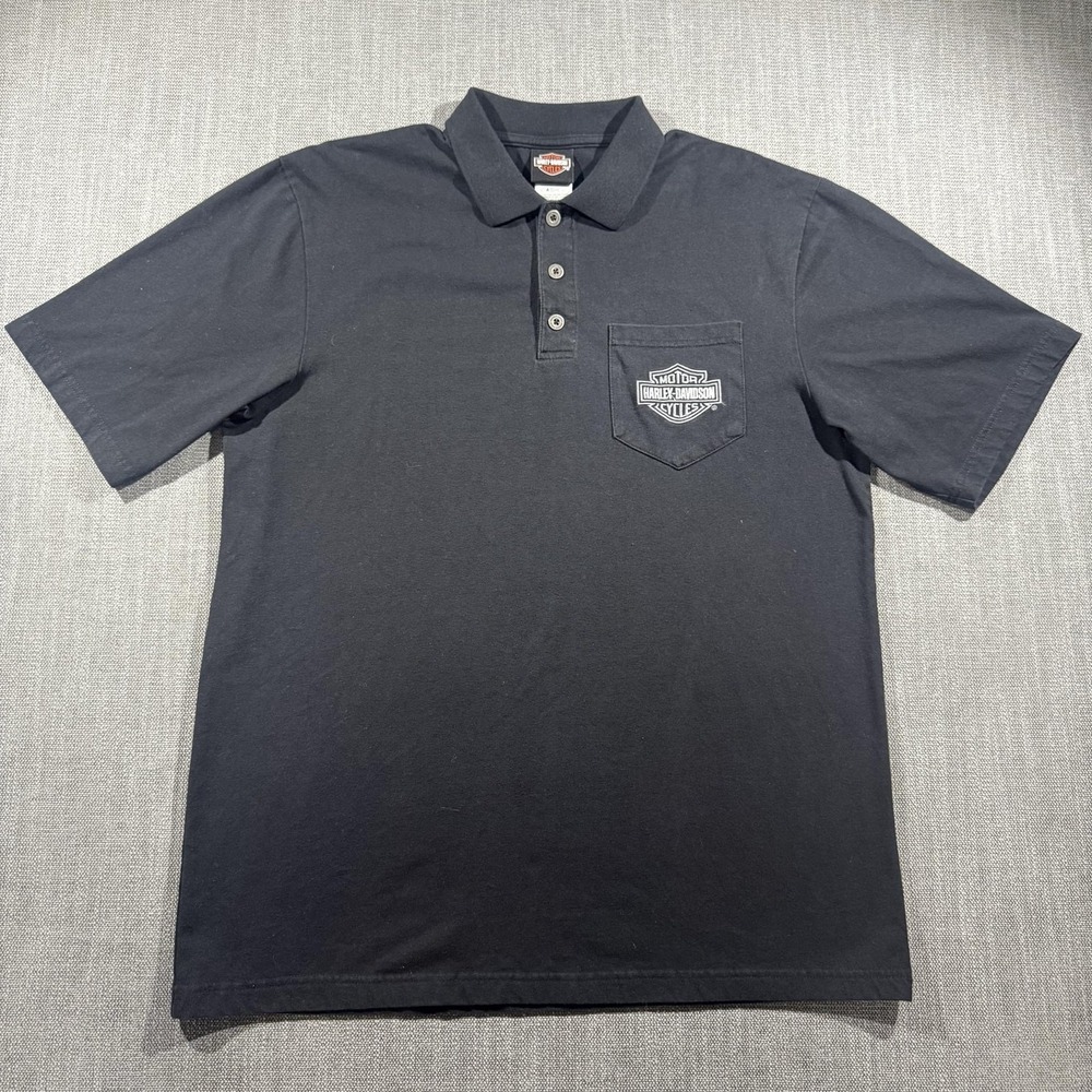 Harley-Davidson Polo Shirt Mens Large Black Pocket Logo Cajun Dealer Biker